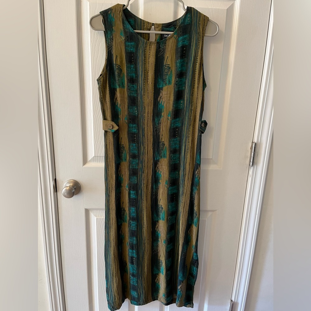 Sag Harbor Midi/Maxi Small Sleeveless Teal/Brown/Black Leaf Print Dress